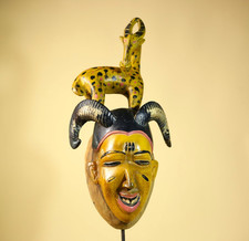 African Vintage Guro Tribal Mask with Spotted Antelope and Horn Figure Art-G6049 picture