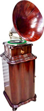 COLUMBIA BY MAHOGANY PHONOGRAPH WITH MATCHING BASE CABINET AND WOOD HORN picture