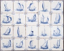 Nice field of 20 Dutch Delft Blue tiles, sailboat, 17th century. picture