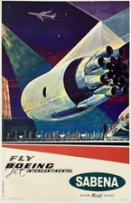 Original Vintage Poster FLY BOEING JET SABENA BENGIAN WORLD AIRLINES Airline OL picture