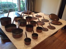 Huge Lot 20 Antique French Copper Pots/Frying Pans/Lids/Souffle/Egg Poacher picture