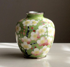Kato Shippo Cloisonne Vase Plum Blossom Green Owari Shippo Wired Enamel Japan picture