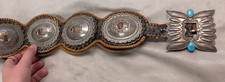 INCREDIBLE 1930s/1940s Old Pawn Sterling Leather Concho Belt, Turquoise Buckle picture