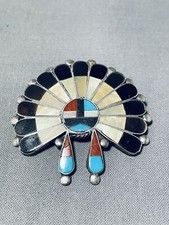 BREATHTAKING VINTAGE ZUNI SIGNED INLAY TURQUOISE CORAL JET SUNFACE PIN PENDANT picture