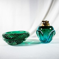 MURANO Vtg Glass Turquois Green Bullicante Ashtray Cigar Cigarette Lighter Set picture