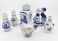 Delft Blue Handpainted Lot: Salt/Pepper, 2 Jars w Lids, Kissing Couple, Egg Cup picture