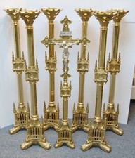 Set of 6 Gothic Brass Church Altar Candlesticks with Altar Cross 41