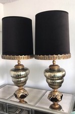 Fancy Pair  Of Tall large  mid Century Mirrored gold leaf patina velvet lamps￼ picture