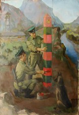 Ukrainian Soviet USSR Oil Painting postimpressionism realism border guards army picture