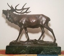 1910 BRONZE BULL elk antique sculpture statue german table art vtg wildlife deer picture