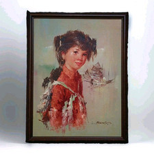 Chinese Lee Man Fong 1913-1988 Young Girl Masonite Oil Painting 17.6x23.4