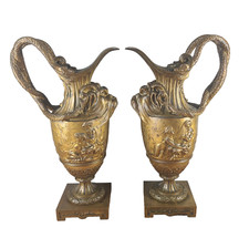 ANTIQUE PAIR BRONZE MYTHOLOGICAL FIGURAL EWER URNS SNAKE HANDLES PAN MAIDENS picture