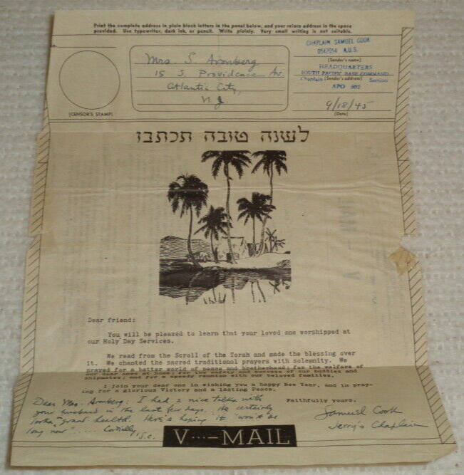 1945 Jewish Chaplain Samuel Cook South Pacific WW2 Original Rare V-Mail Holy Day