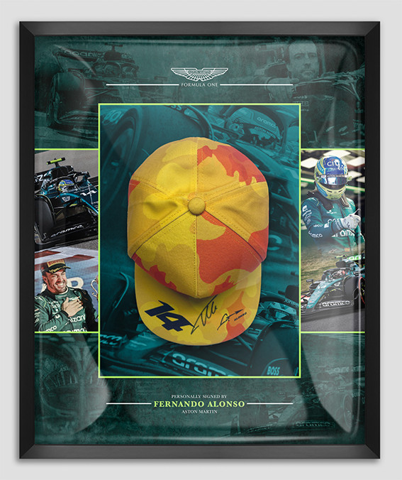 Fernando Alonso Signed & Framed Aston Martin Cap Formula One AFTAL COA Fernando Alonso Signed & Framed Aston Martin Cap Formula One AFTAL COA
