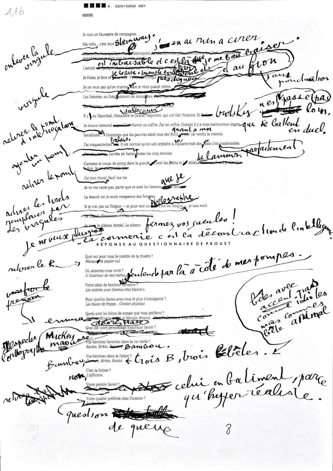 Serge GAINSBOURG answers Proust's questionnaire. Autograph manuscript. 1986 Serge GAINSBOURG answers Proust's questionnaire. Autograph manuscript. 1986