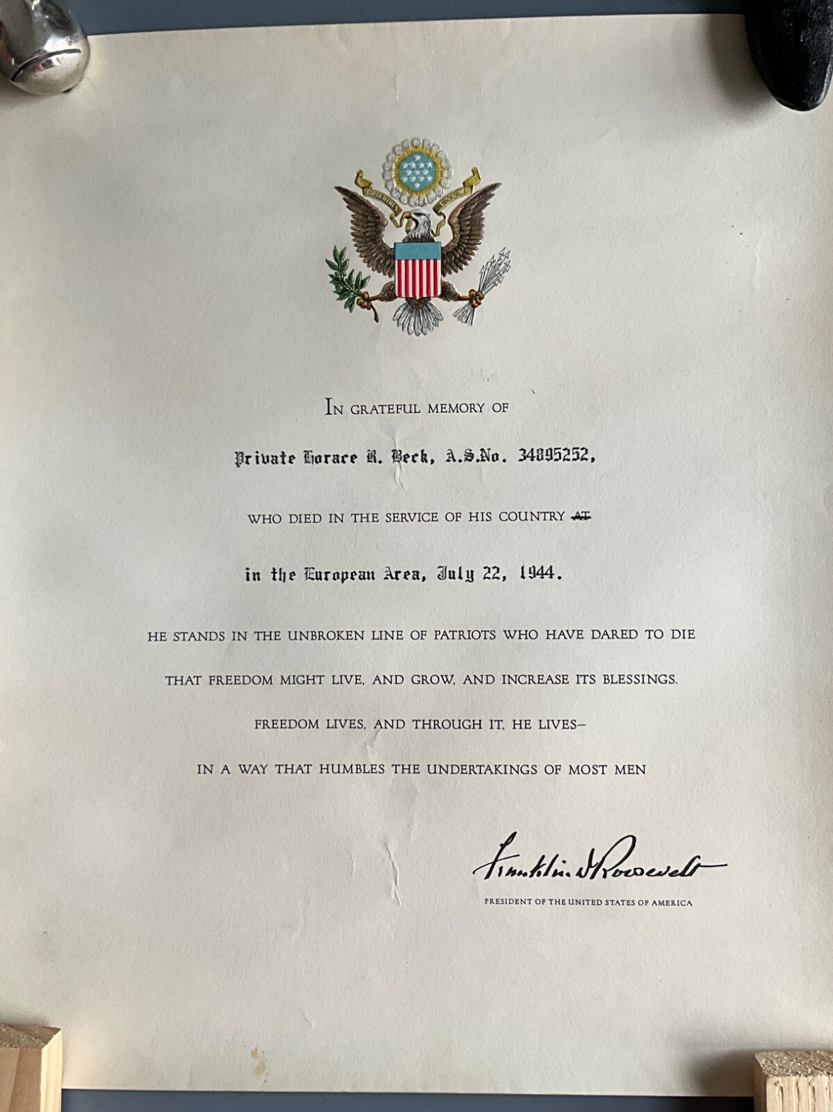 WW2 Fallen Soldier Historical Letter Signed By FDR Franklin Delano Roosevelt