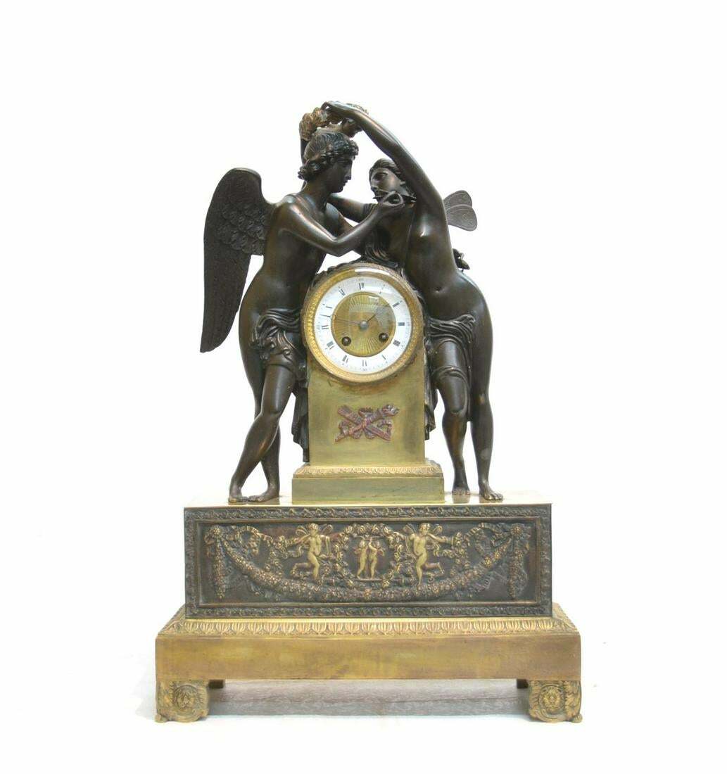 RARE ANTIQUE FRENCH GILT BRONZE FIGURAL MANTEL CUPID & PSYCHE, 1820s RARE ANTIQUE FRENCH GILT BRONZE FIGURAL MANTEL CUPID & PSYCHE, 1820s