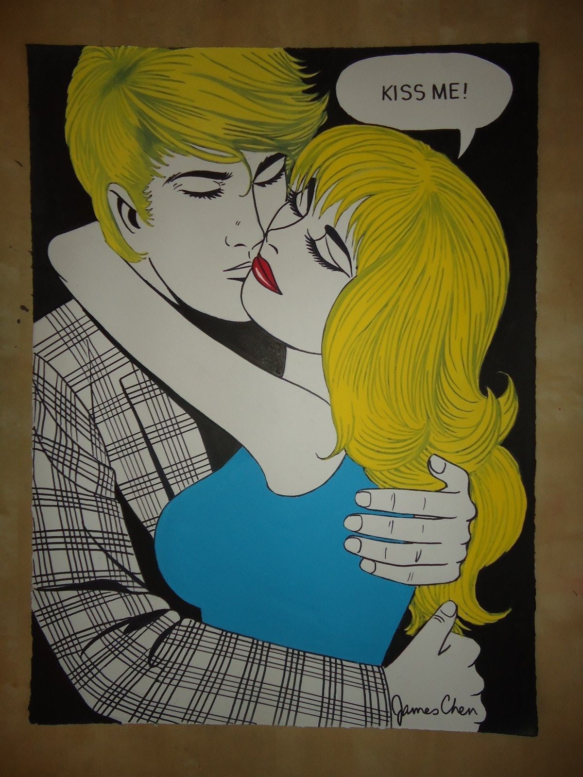 ORIGINAL POP ART WATER COLOR PAINTING '' KISS ME '' BY COMIC ARTIST JAMES CHEN ORIGINAL POP ART WATER COLOR PAINTING '' KISS ME '' BY COMIC ARTIST JAMES CHEN