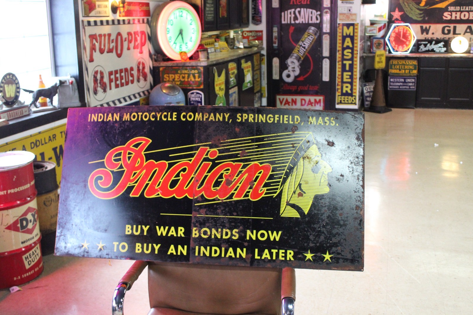 RARE 1940s INDIAN MOTORCYCLE BUY WAR BONDS WWII PAINTED METAL DEALER SIGN HARLEY