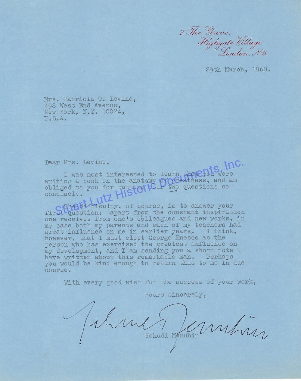 Yehudi Menuhin signed letter re George Enesco greatest influence on his life