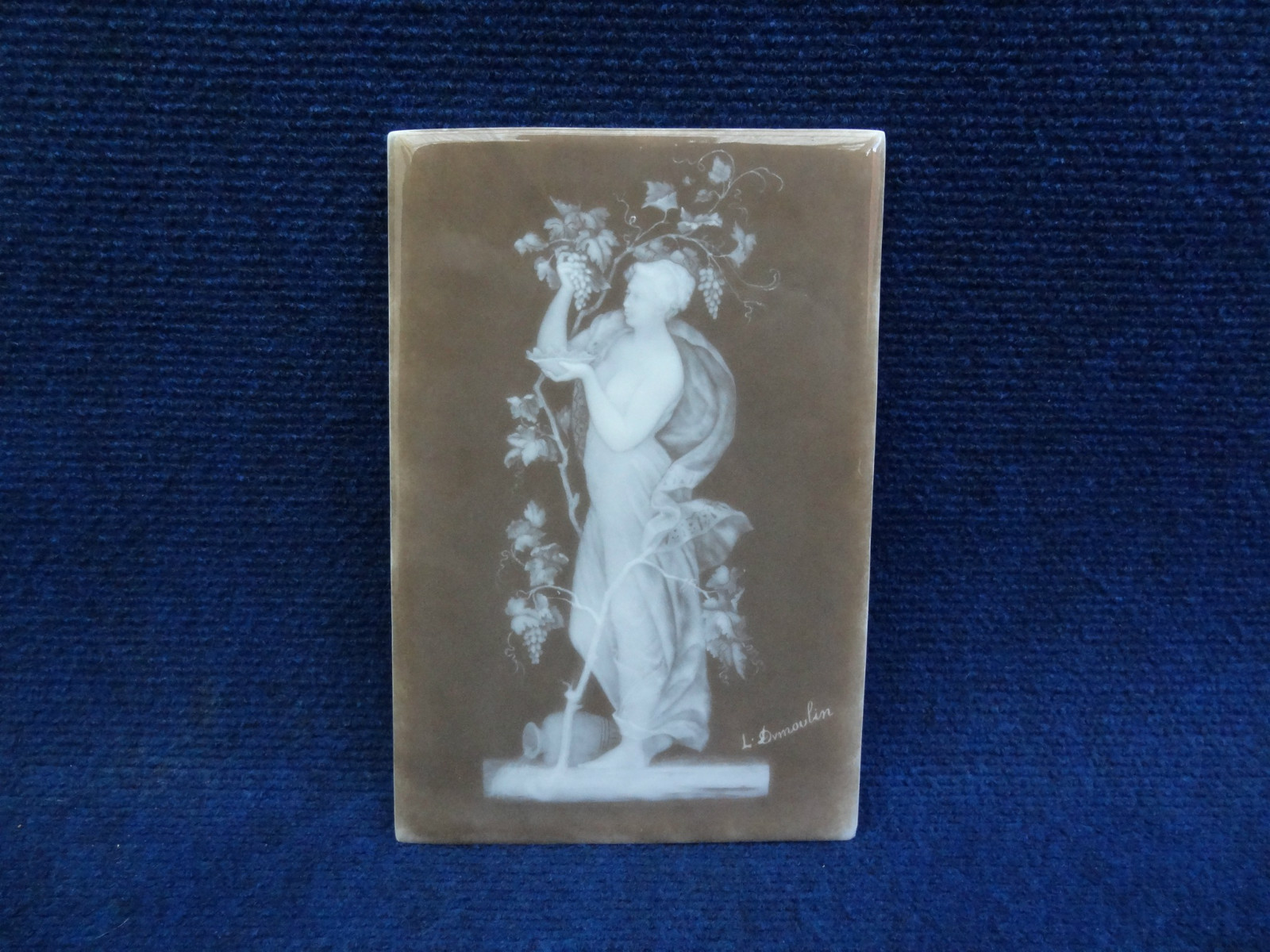 PATE SUR PATE PORCELAIN PLAQUE LADY PICKING GRAPES BY L. DUMOULIN LARGER SIZE PATE SUR PATE PORCELAIN PLAQUE LADY PICKING GRAPES BY L. DUMOULIN LARGER SIZE