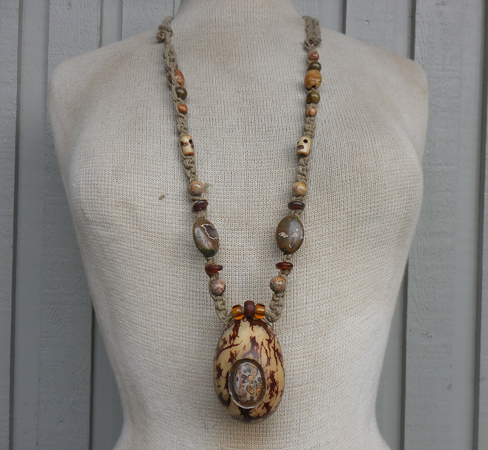 Tagua Secret Pipe Hemp Necklace with Leopard Skin Jasper Inlay Adjustable Length Tagua Secret Pipe Hemp Necklace with Leopard Skin Jasper Inlay Adjustable Length