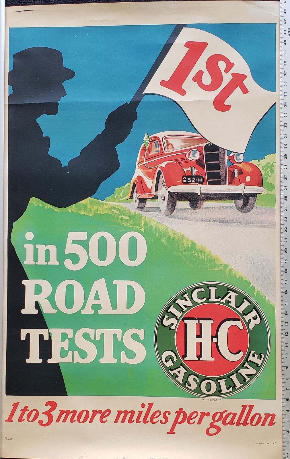 SINCLAIR HC GASOLINE 1ST IN 500 ROAD TESTS POSTER 28X44 circa 1938 SINCLAIR HC GASOLINE 1ST IN 500 ROAD TESTS POSTER 28X44 circa 1938