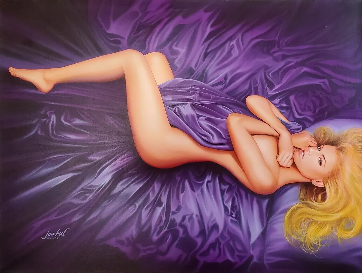 PINUP ARTIST JON HUL ORIGINAL ACRYLIC PAINTING UNDER THE SHEETS LARGE ON CANVAS PINUP ARTIST JON HUL ORIGINAL ACRYLIC PAINTING UNDER THE SHEETS LARGE ON CANVAS