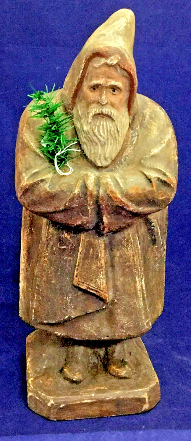 1910 Antique German Hardcarved Chalk Father Christmas on Base with Tree M582 1910 Antique German Hardcarved Chalk Father Christmas on Base with Tree M582