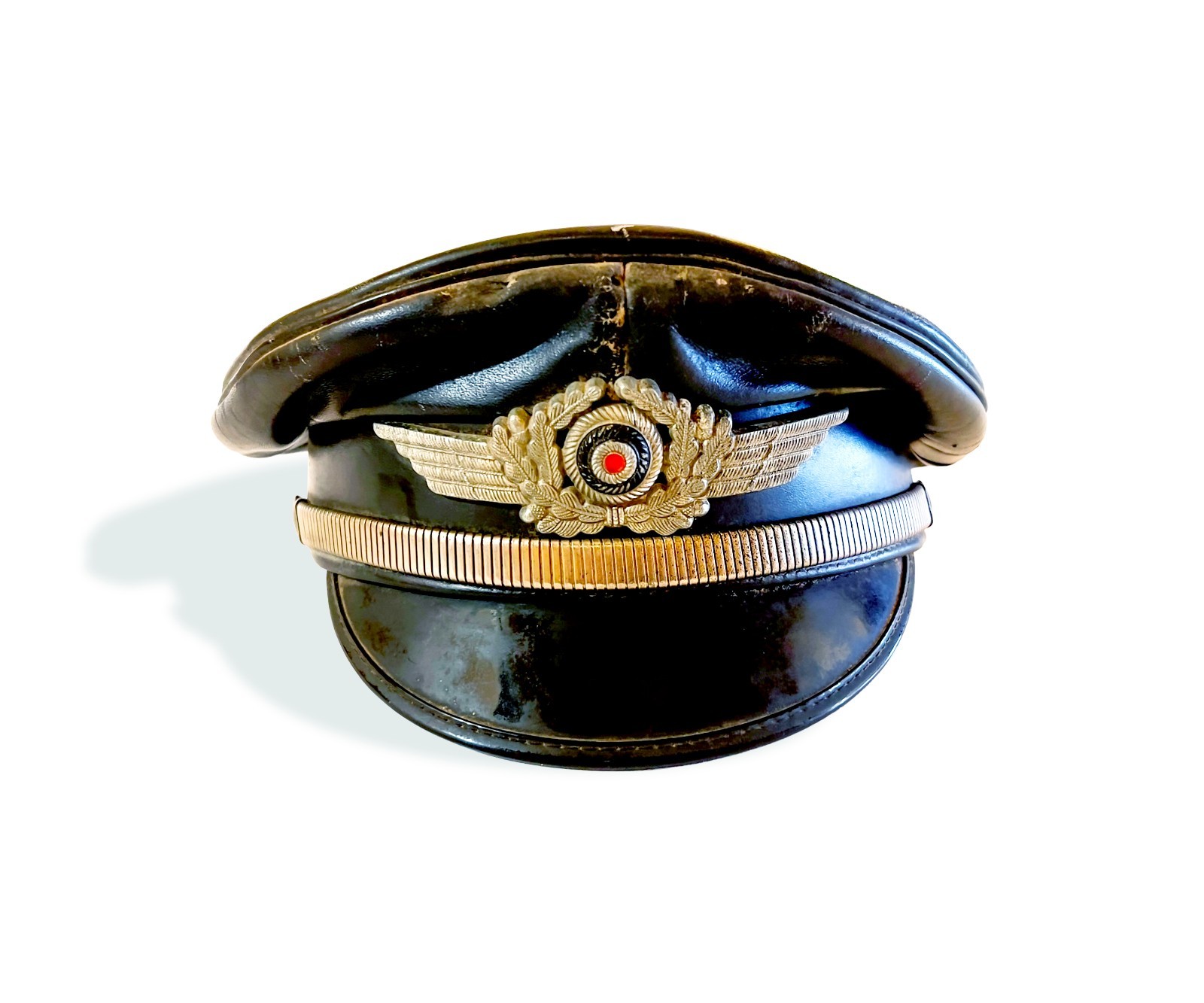 WW1-WW2  German Officer's Black Leather Muir Visor Cap, Strap + Wreath & Cockade