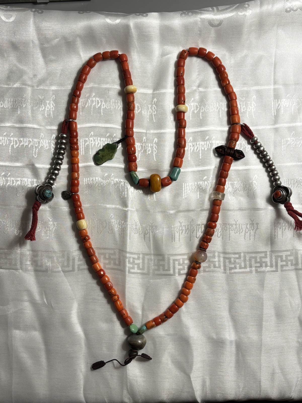 Very Old Original Tibetan Coral Mala Beads Necklace with Ivory Amber Agate