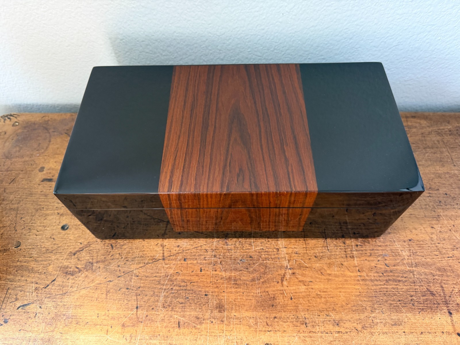 Pacific Connections Lacquer Hinged Box,  Rosewood Inlay,  5\'\' H X 14\'\' W X 7\'\' D