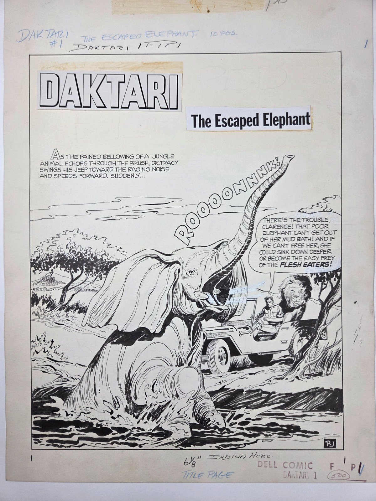 Original Comic Art from Dell TV Comic DAKTARI #1 pg #1 ,  1967.  Art  Bob Jenny.