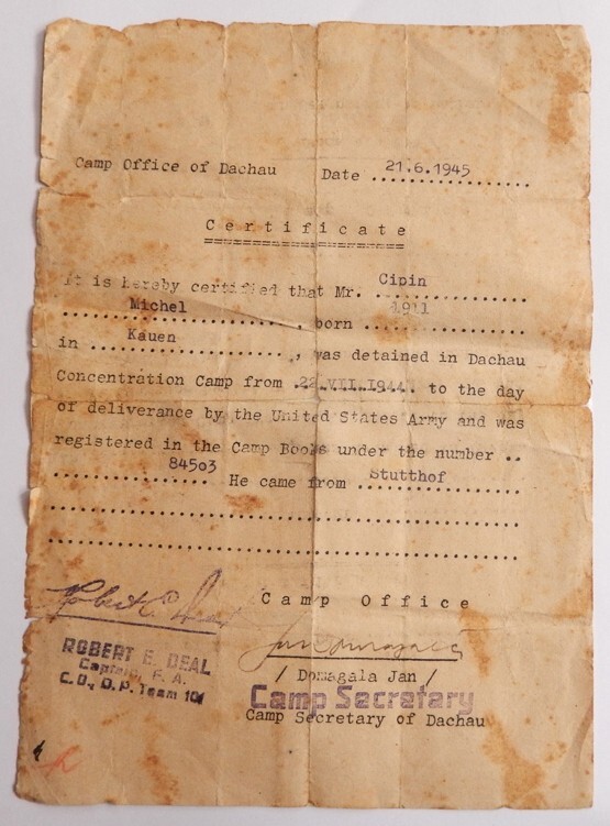 1945-7 DACHAU JEWISH HOLOCAUST SURVIVOR LITHUANIA PALESTINE CERTIFICATE US ARMY 1945-7 DACHAU JEWISH HOLOCAUST SURVIVOR LITHUANIA PALESTINE CERTIFICATE US ARMY