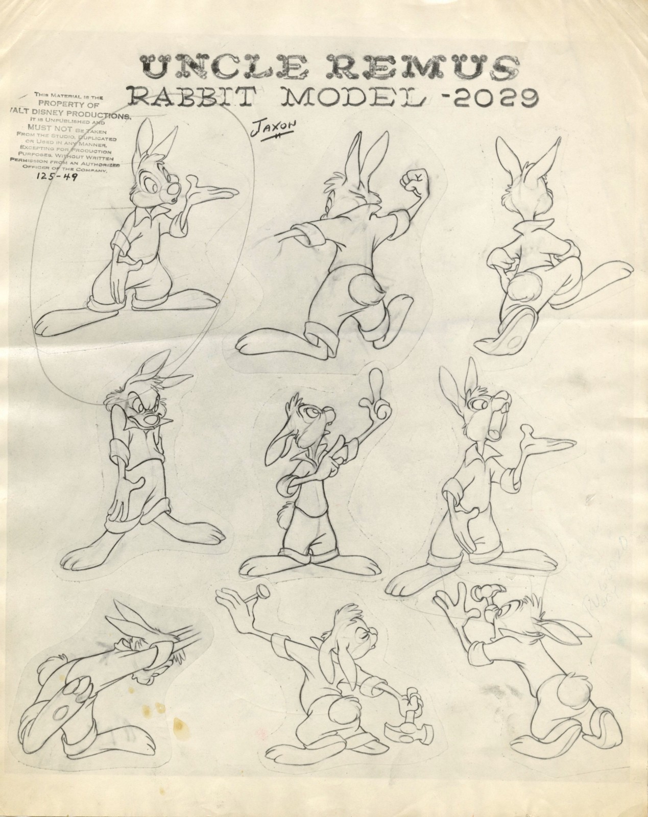 Disney:Song of the South-Uncle Remus Rabbit-Original Stat Model Sheet-1946 Disney:Song of the South-Uncle Remus Rabbit-Original Stat Model Sheet-1946
