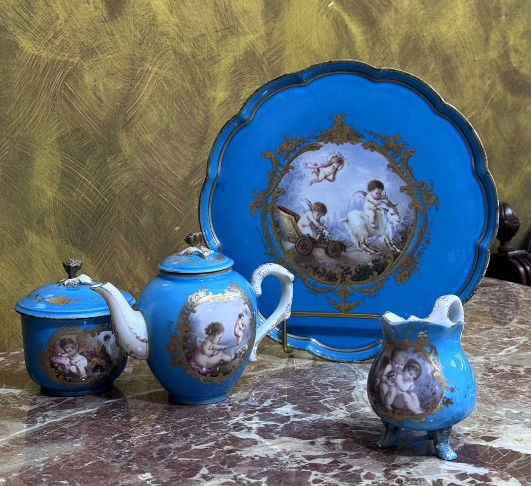 Antique 19th C French Sevres Style Porcelain Cabaret Tea Set Bleu Celeste Cherub