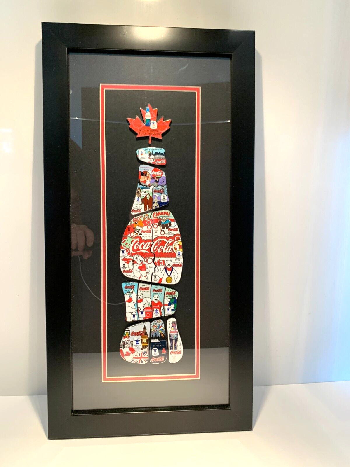 RARE Official 2010 Vancouver Olympic Coca Cola 18 Pins Bottle Set Framed in Box