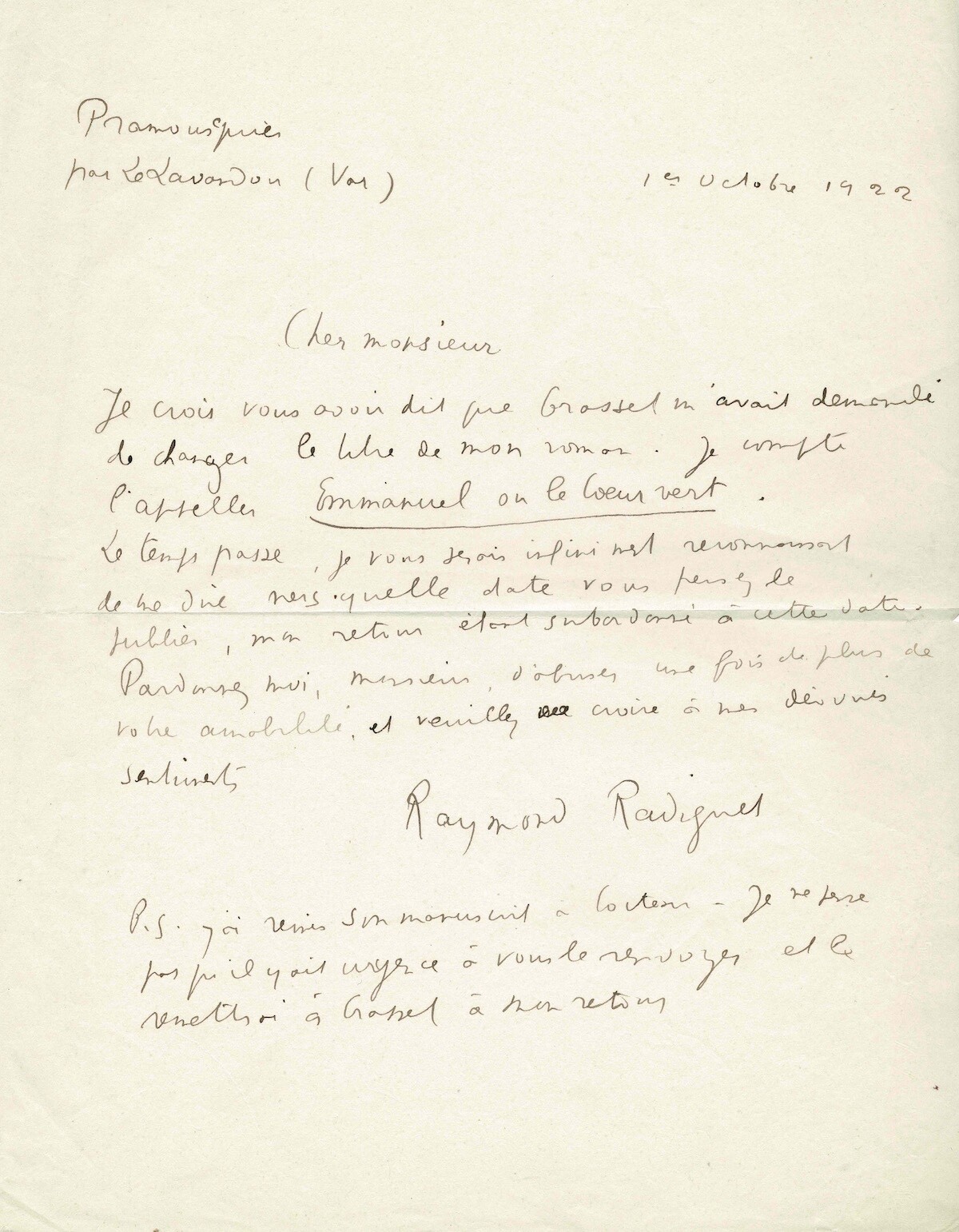 Raymond RADIGUET - Signed Autograph Letter. The title of Raymond RADIGUET - Signed Autograph Letter. The title of