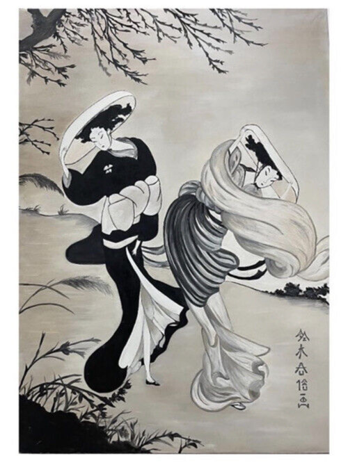 After Suzuki Harunobu “Two Girls on a Windy Day” Oil Painting 50 x 36 After Suzuki Harunobu “Two Girls on a Windy Day” Oil Painting 50 x 36