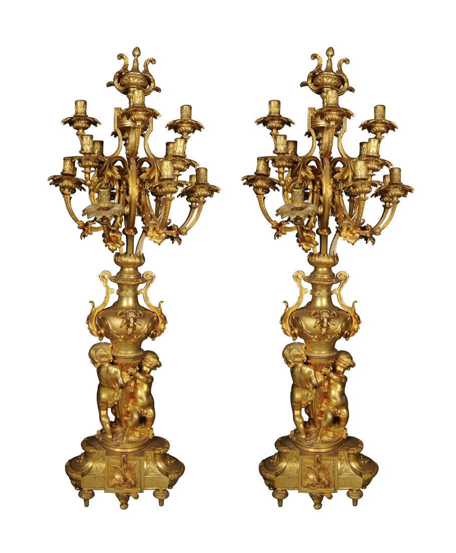 Pair (2X) Monumental Royal Candle Holders, Gilded Bronze, Louis XVI