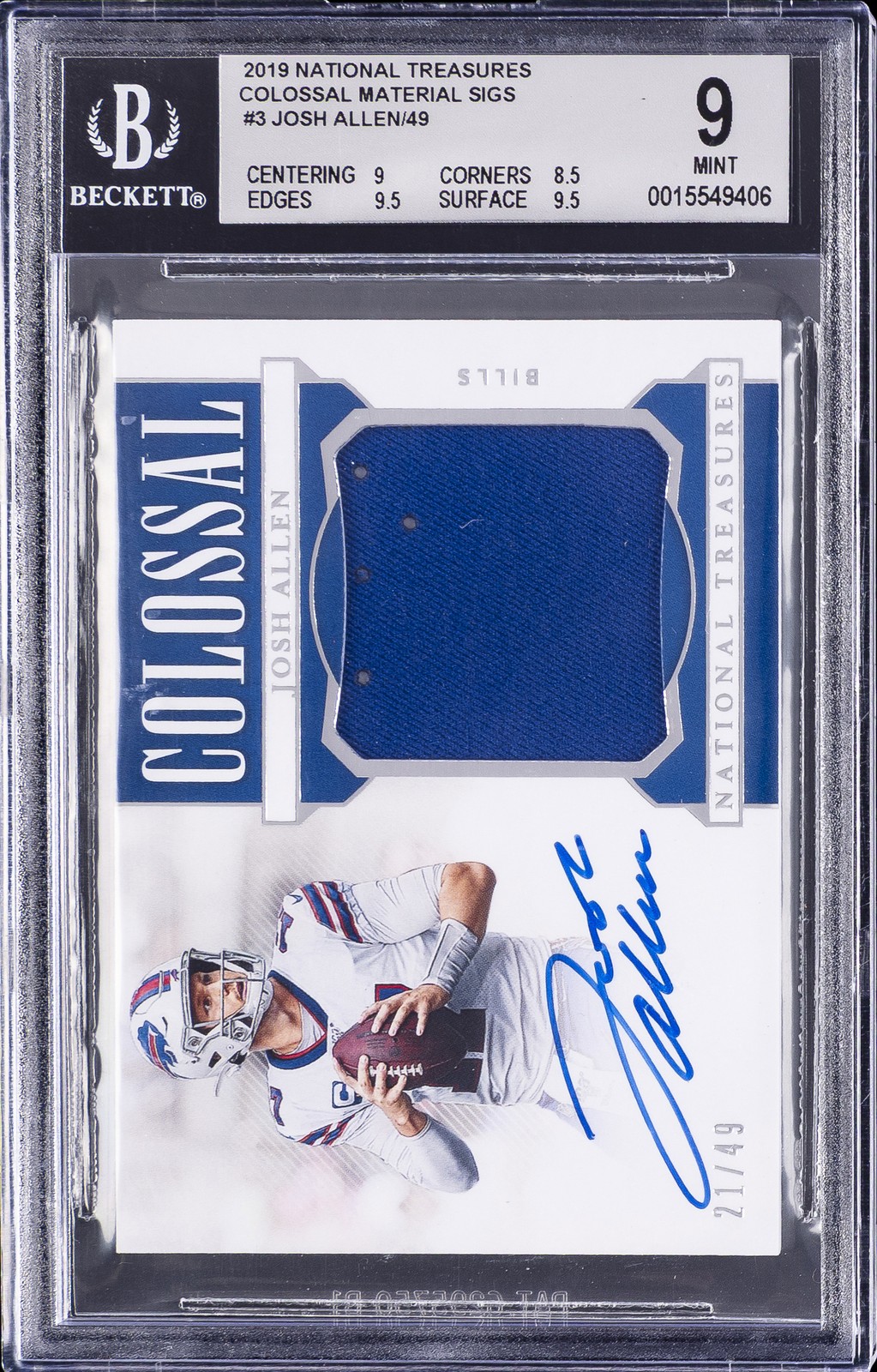 2019 NATIONAL TREASURES COLOSSAL MATERIAL SIGNATURES #3 JOSH ALLEN BGS 9 2019 NATIONAL TREASURES COLOSSAL MATERIAL SIGNATURES #3 JOSH ALLEN BGS 9