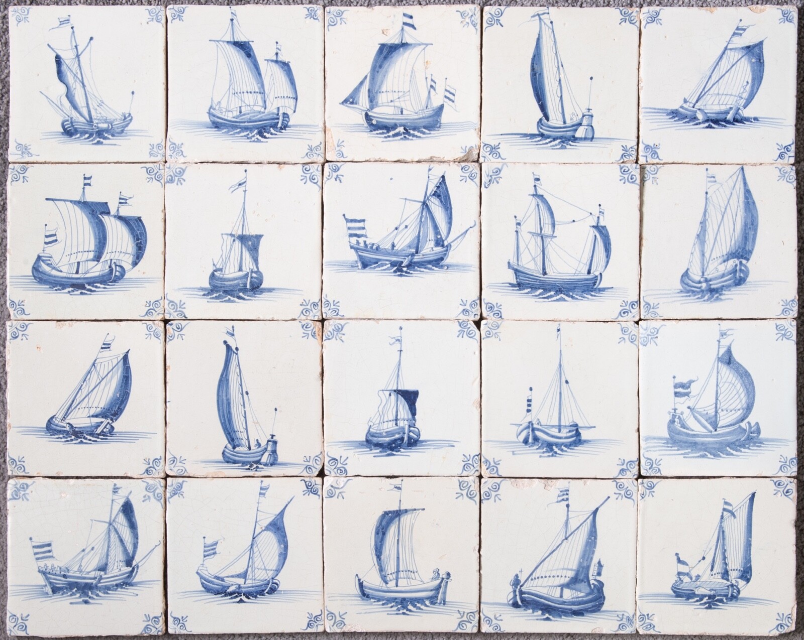 Nice field of 20 Dutch Delft Blue tiles, sailboat, 17th century. Nice field of 20 Dutch Delft Blue tiles, sailboat, 17th century.