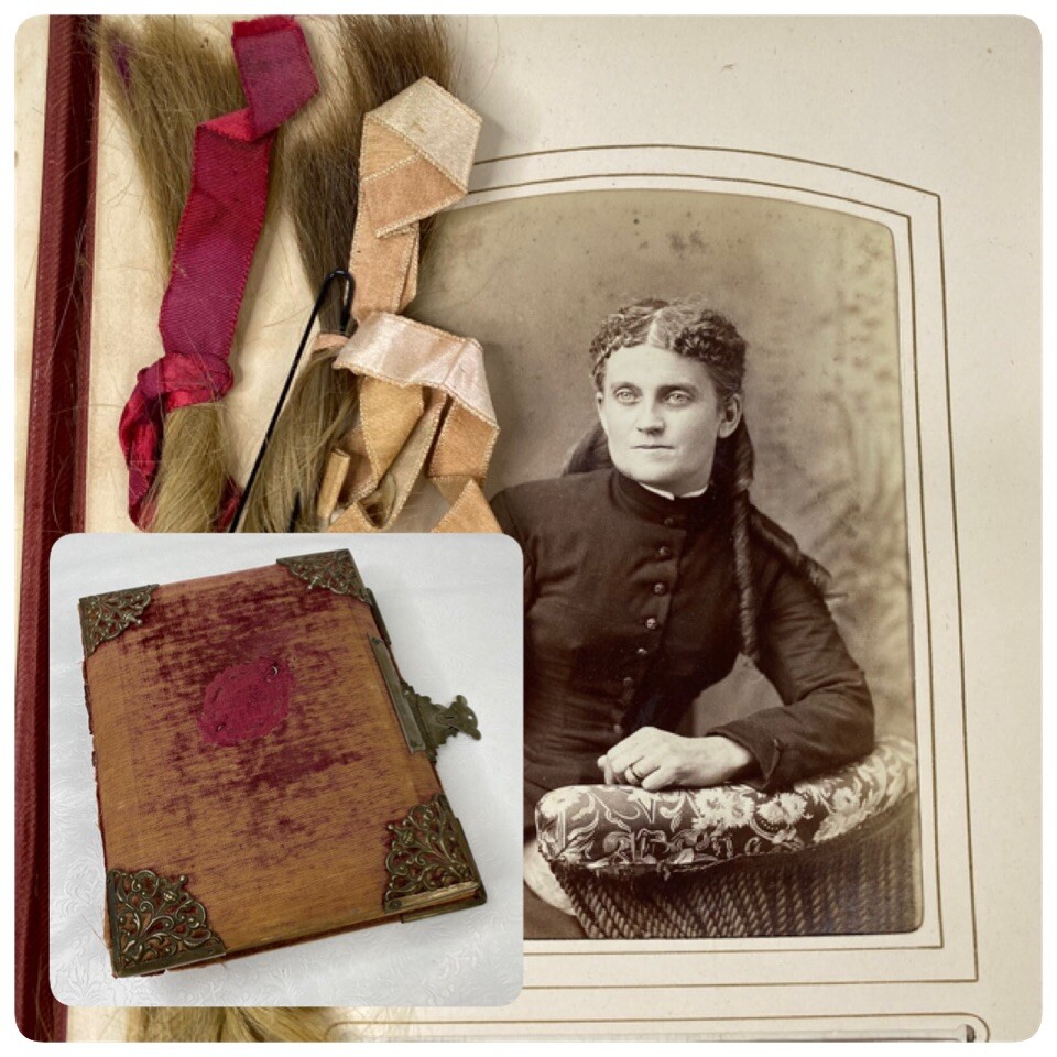 Antique Victorian 1880s Photo Album w 2 Locks of Hair 6 Images Metal Clasp OOAK