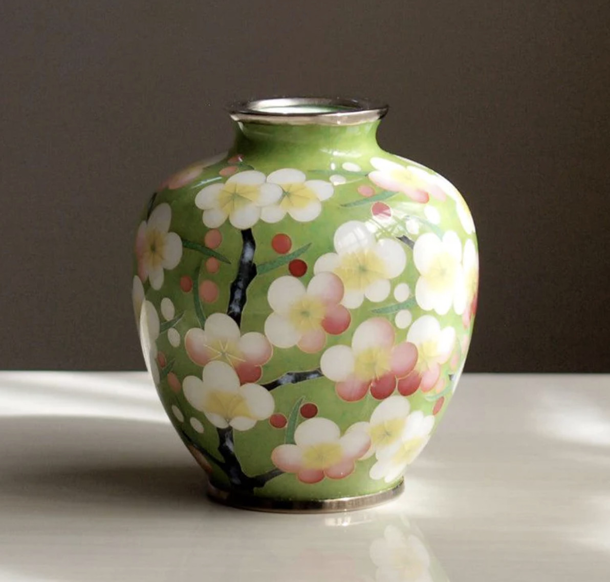 Kato Shippo Cloisonne Vase Plum Blossom Green Owari Shippo Wired Enamel Japan Kato Shippo Cloisonne Vase Plum Blossom Green Owari Shippo Wired Enamel Japan