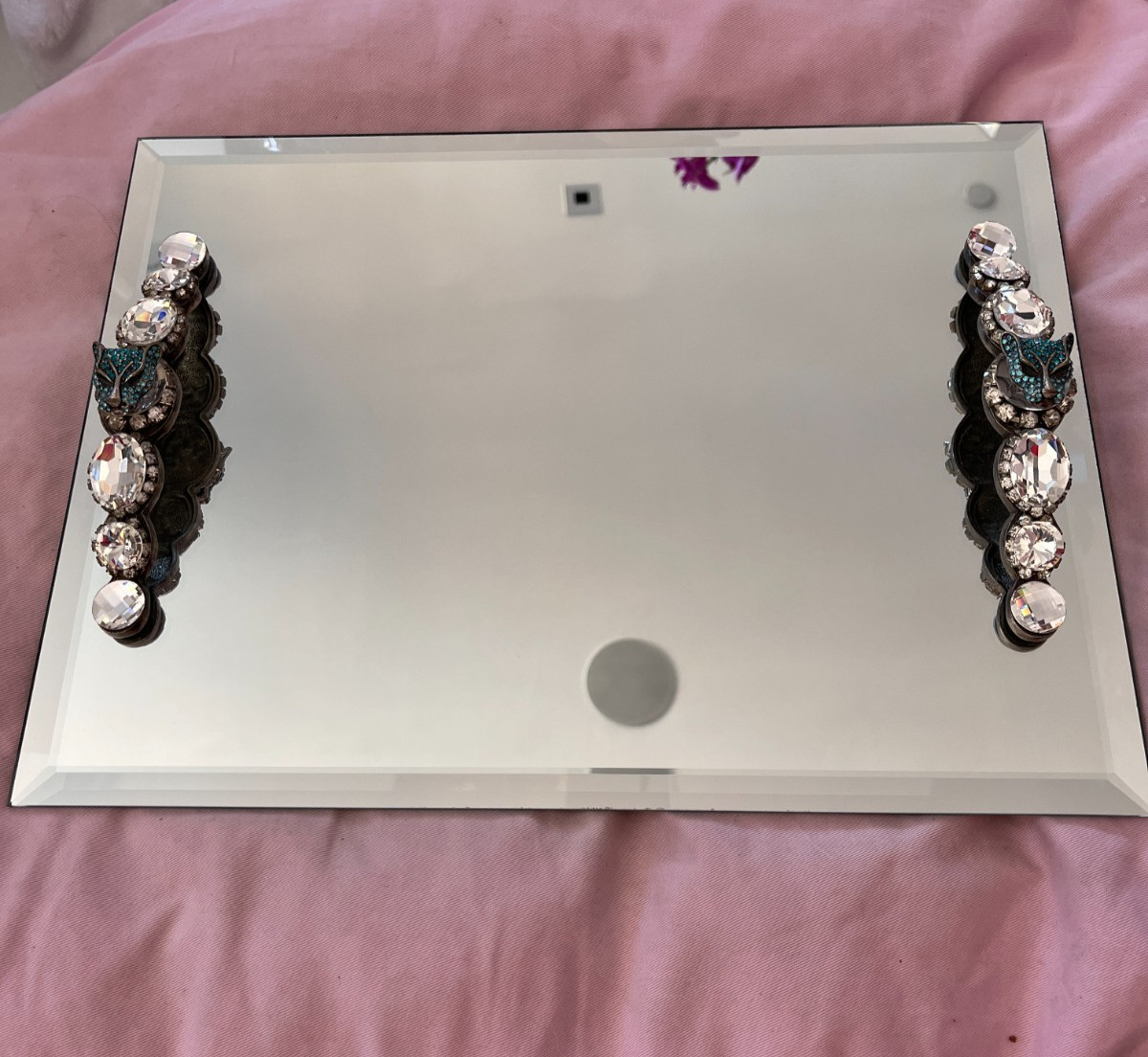 Gorgeous Vanity Mirror Tray Encrusted with Various Crystals/Blue Tiger\'s Head Gorgeous Vanity Mirror Tray Encrusted with Various Crystals/Blue Tiger\'s Head