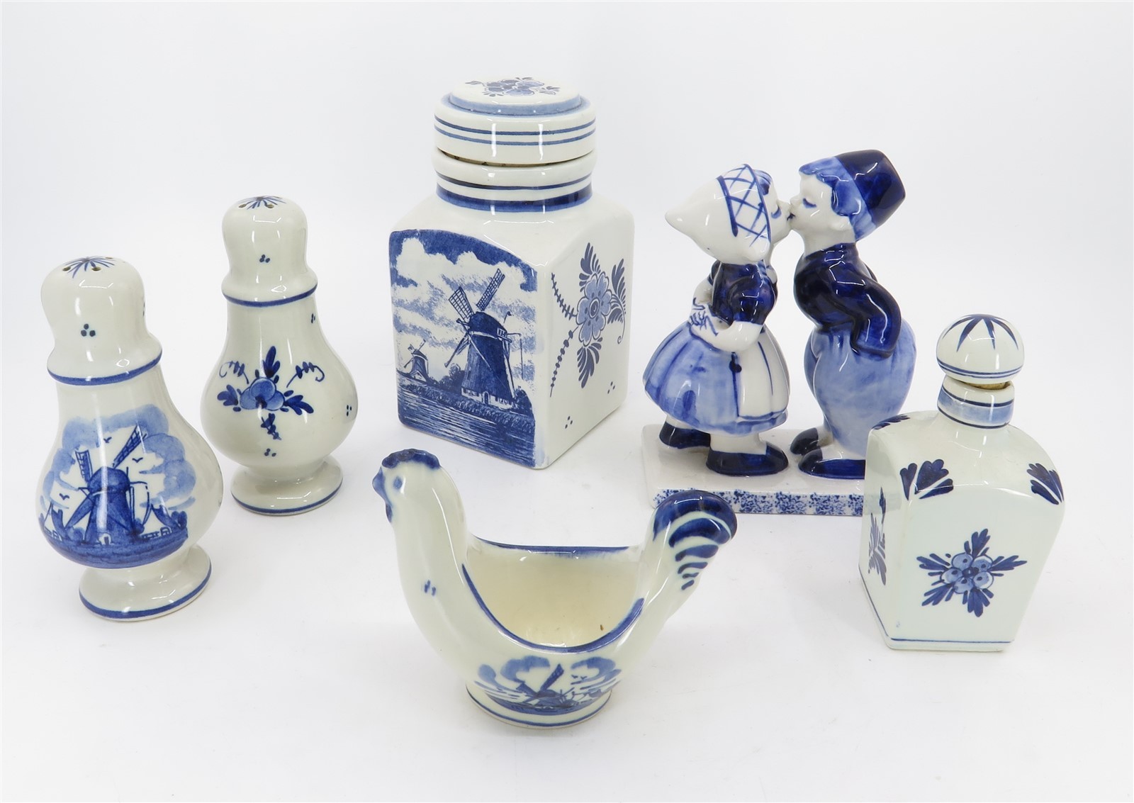 Delft Blue Handpainted Lot: Salt/Pepper, 2 Jars w Lids, Kissing Couple, Egg Cup
