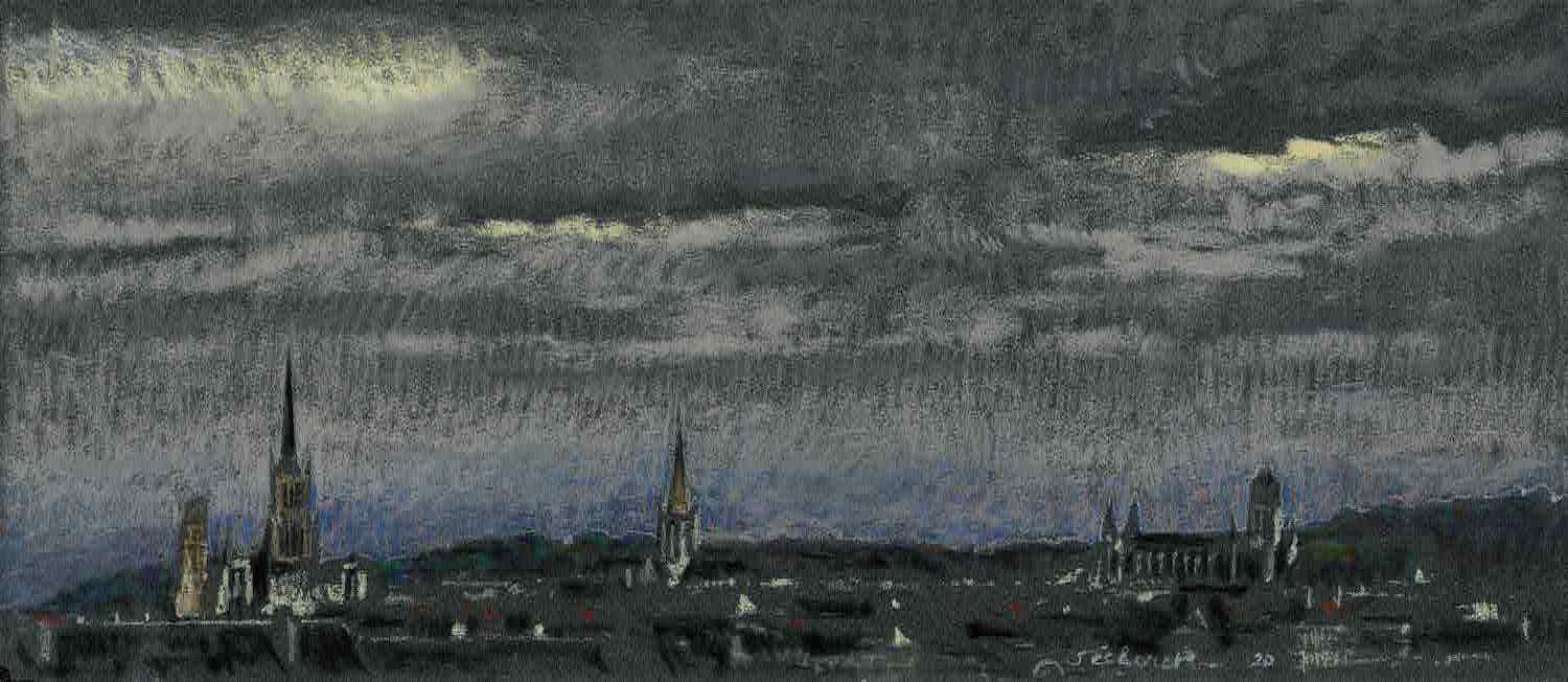 Jean-Baptiste SÉCHERET - Original signed work. View of Rouen. Pastel.