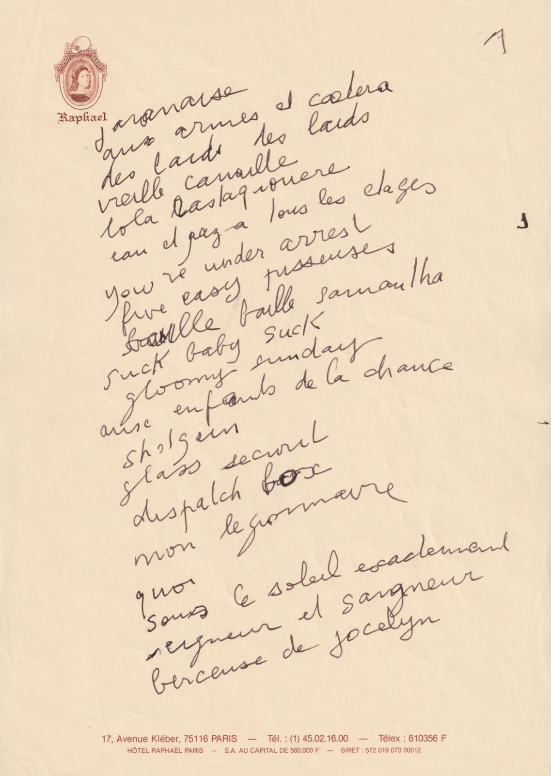 Serge GAINSBOURG - Autograph Manuscript. List of 44 of his songs. 1988. Serge GAINSBOURG - Autograph Manuscript. List of 44 of his songs. 1988.