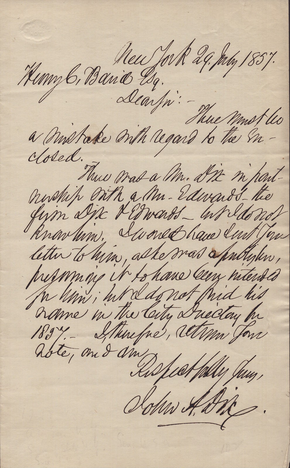 JOHN A. DIX - AUTOGRAPH LETTER SIGNED 07/29/1857 JOHN A. DIX - AUTOGRAPH LETTER SIGNED 07/29/1857