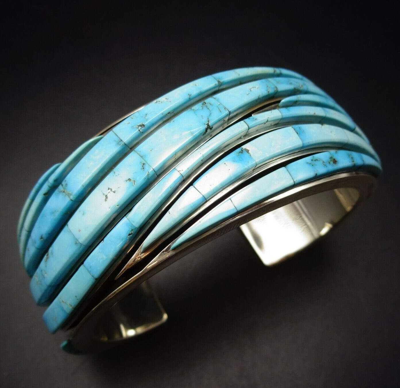 Earl Plummer NAVAJO Heavy Sterling Silver WAVES of TURQUOISE Cuff BRACELET